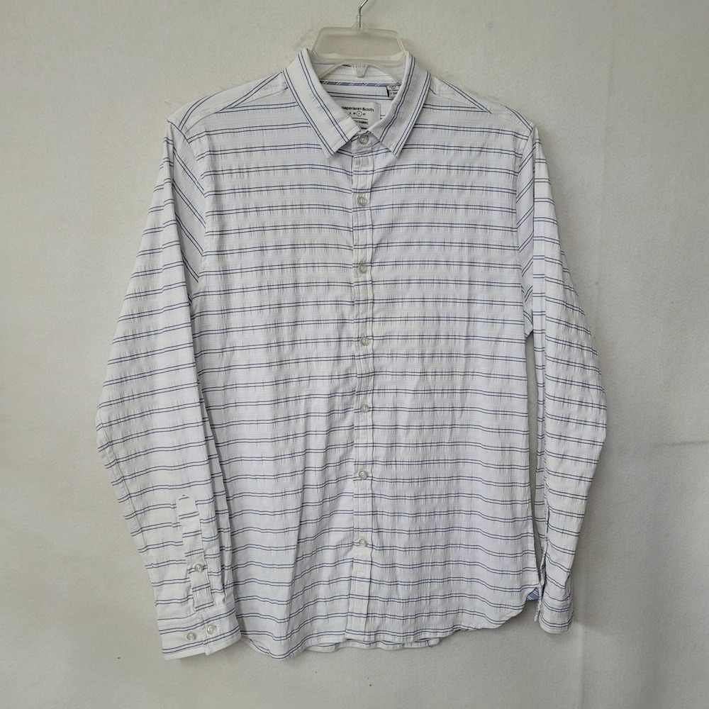 Paper Denim & Cloth Shirt Mens L Slim Fit White Blue Stripe Stretch Button Up